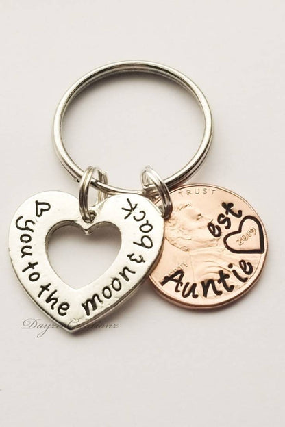 Custom Aunt Penny keychain with love you to moon Charm