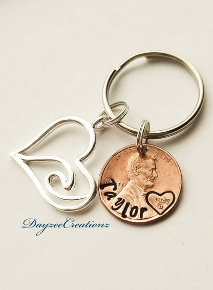 Custom Name penny keychain with heart/wave charm - DAYZEECREATIONZ, PERSONALIZED GIFTS-1