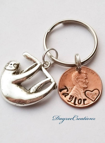 Custom Name Penny Keychain with sloth charm