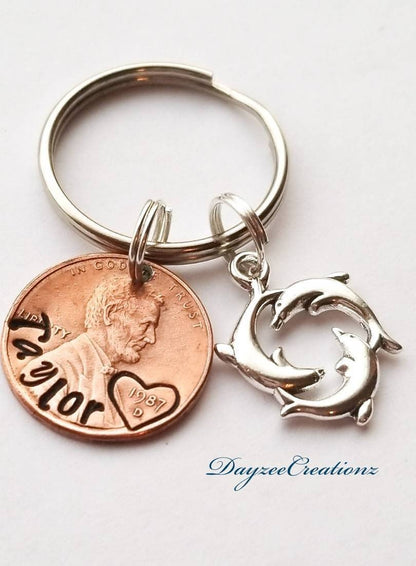 Custom name penny keychain with dolphin charm