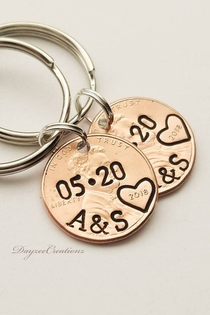 Pair of two Personalized Anniversary Penny Keychains