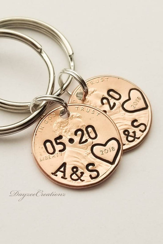 Pair of two Personalized Anniversary Penny Keychains customized with Initials and date