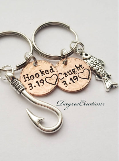 Personalized Hooked/Caught Penny Keychains, Anniversary Gift for Fishing couples