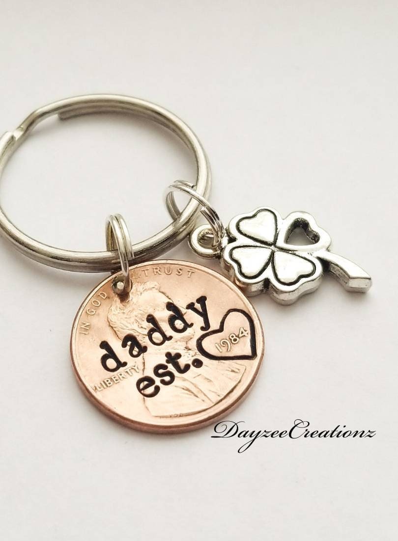 Personalized Dad Penny Keychain with four leaf clover charm