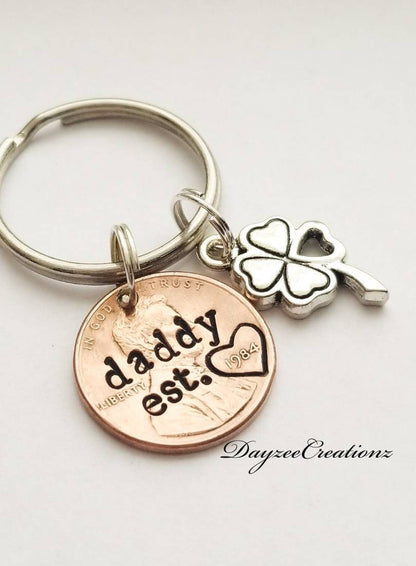 Personalized Dad Penny Keychain with four leaf clover charm