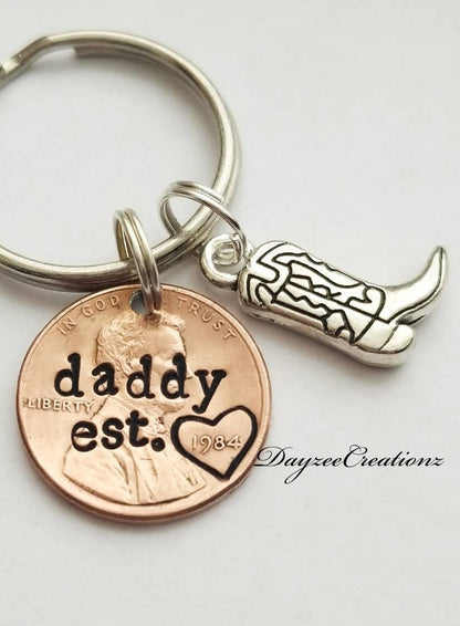 Personalized Dad Penny Keychain with Cowboy Boot charm