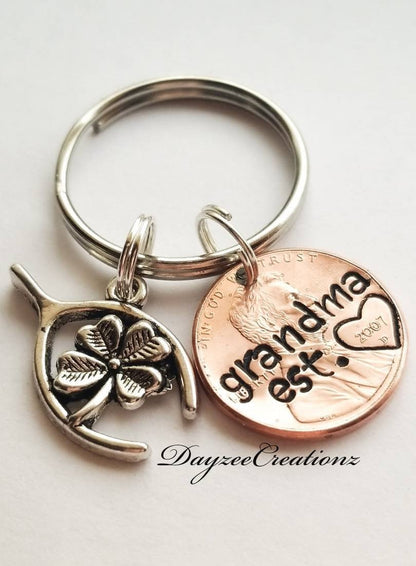 Customizable Penny Keychain for Grandma with Wishbone Charm