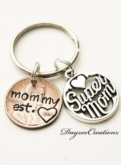 Customizable Mom Penny Keychain with Charm