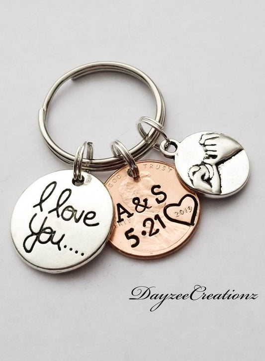 Anniversary Penny Keychain with Initials, Date, "I love you" charm, and Pinky Promise Charm
