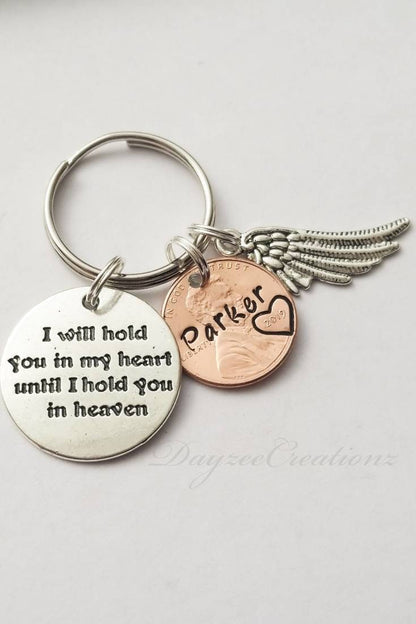 Sympathy, Memorial Gift, Personalized Penny from Heaven Keychain with "I will hold you in my heart" & angel wing charm