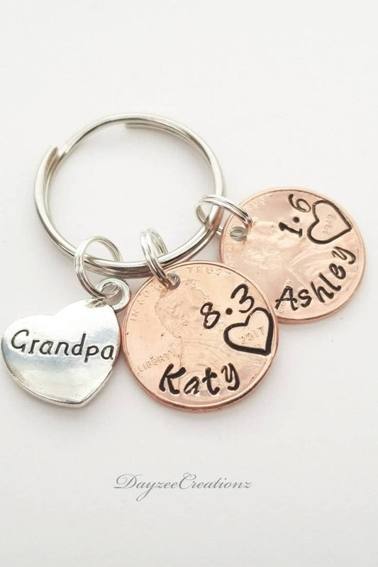 Unique Gift for Grandpa, Penny Keychain Stamped With Grandkids' Names and Birthday along with "Grandpa" silver Charm