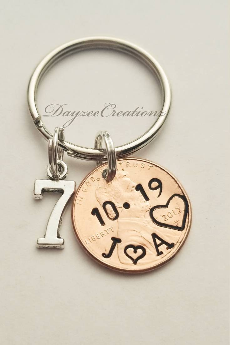 Personalized 7th Anniversary Penny Keychain with Initials, heart, date, and 7 Charm