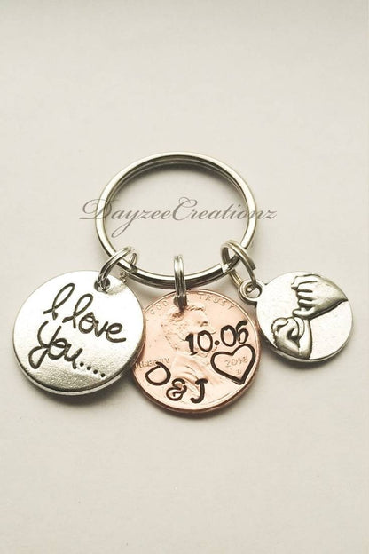 Anniversary Penny Keychain with Initials on curve and date above penny year, with i love you and pinky promise charm