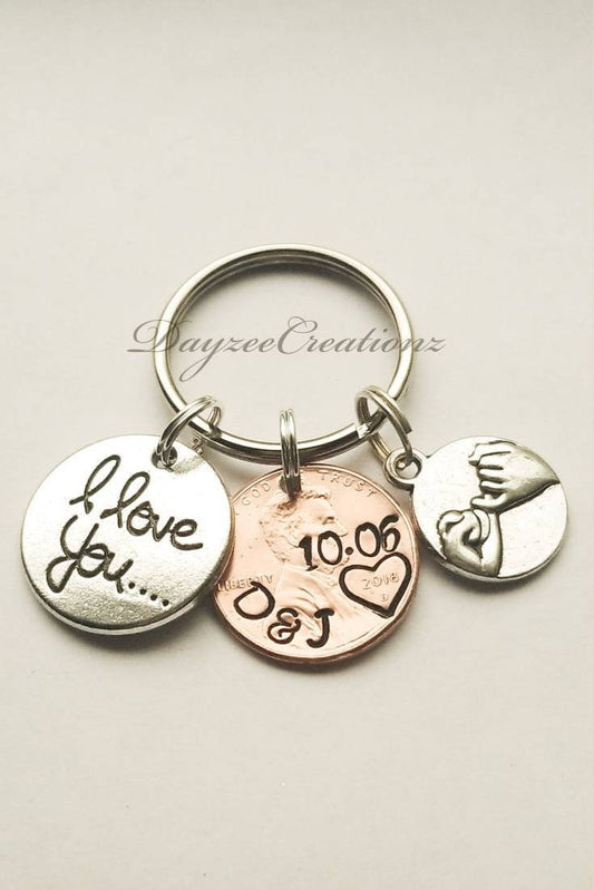 Anniversary Penny Keychain with Initials, Date, "I love you" charm, and Pinky Promise Charm