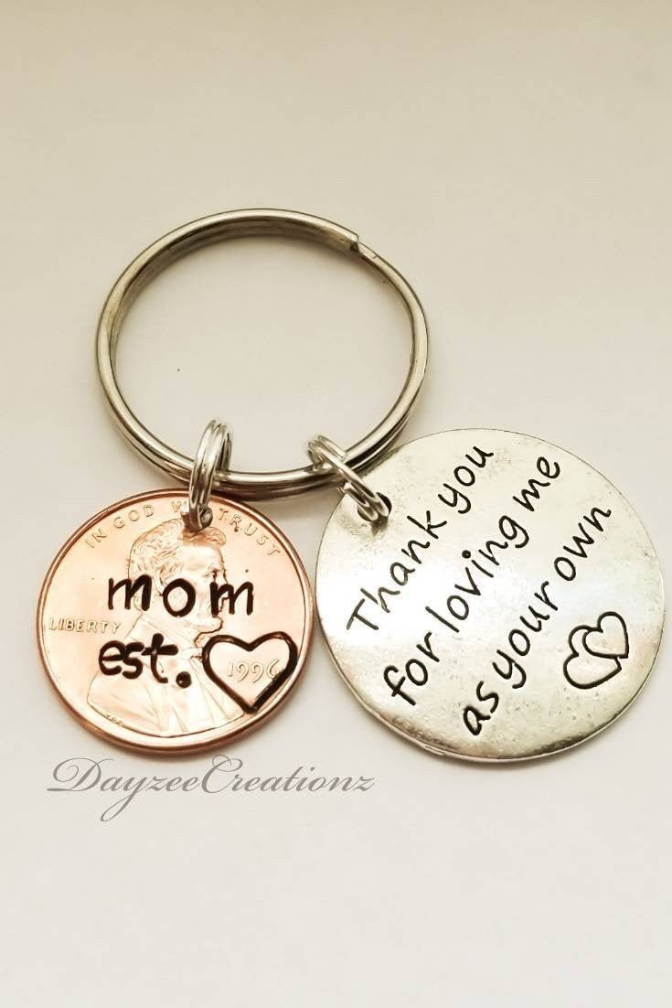 Creative Personalized Gift for Step Mother,  Penny Keychain with "Thank You for Loving Me as Your Own" Charm