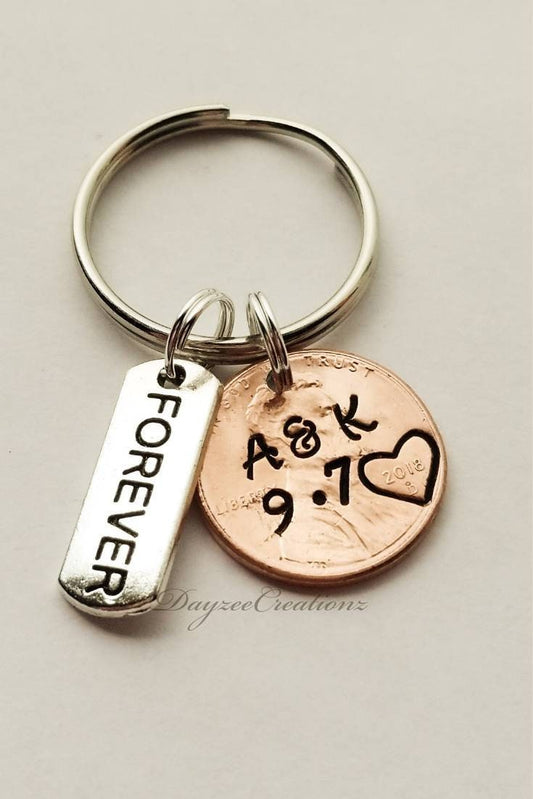 Unique, Personalized Custom Anniversary, or Valentine's Day Gift for Him or Her, Couples Anniversary Penny Keychain, Stamped with Your Custom Request