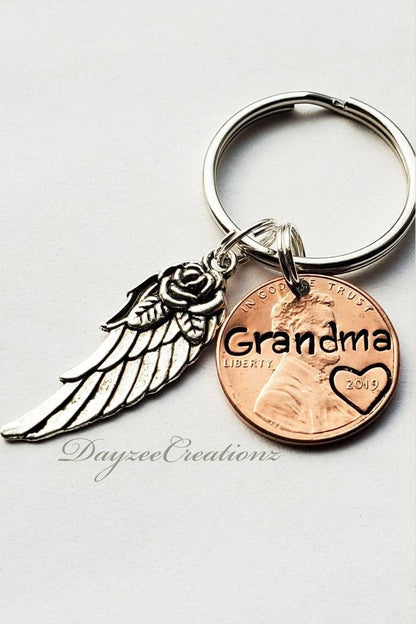 Penny from Heaven Memorial Keychain with wing/rose charm