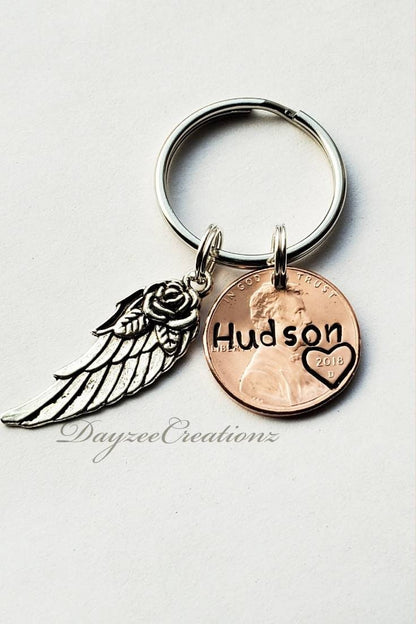 Penny from Heaven Memorial Keychain with wing/rose charm