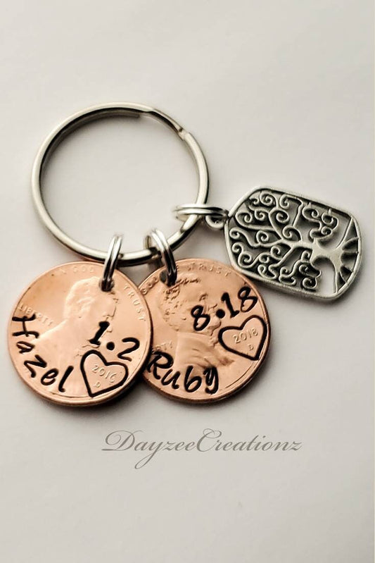 Personalized Penny Keychain stamped with Name & Birthday, Tree of Life Charm included