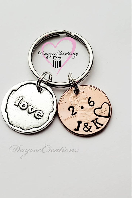 Personalized Penny Keychain Stamped with Initials, Date, and Heart- Love charm included
