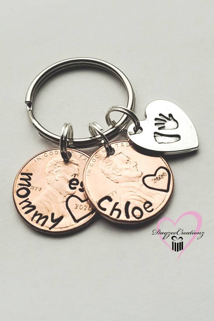 Personalized Mom Penny Keychain with Baby Footprint Charm