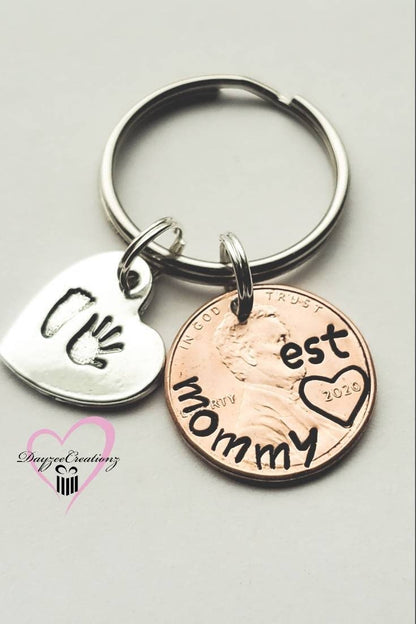 Personalized Mom Penny Keychain with Baby Footprint Charm