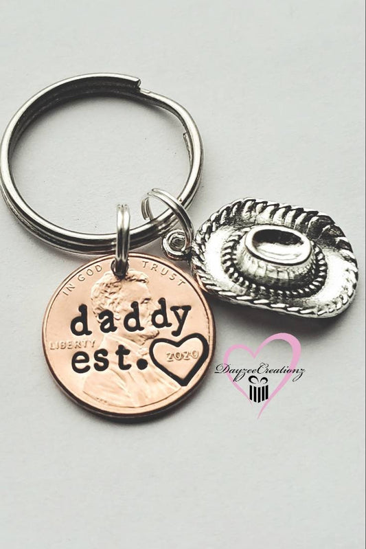 Personalized Daddy Penny Keychain. New Dad Gift, Father's Day, Grandpa, Keepsake, First, from Child, Husband, Birthday Gift, Cowboy Hat