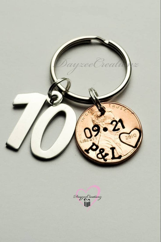 Unique, Personalized Custom Anniversary, or Valentine's Day Gift for Him or Her, Couples Anniversary Penny Keychain, Stamped with Your Custom Request. 10 Year Anniversary Charm Added
