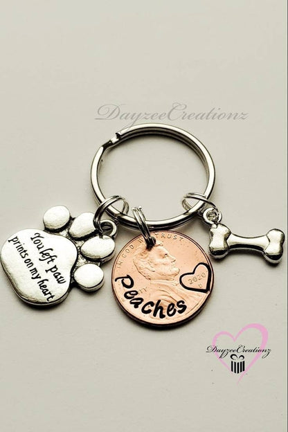 Pet Dog Memorial Sympathy Gift, Heaven Penny Keychain, You left Pawprints & dog bone charms