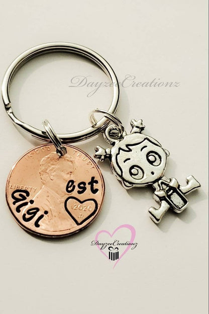 Custom Gift For Grandma, Personalized Penny Keychain with Baby Girl Charm