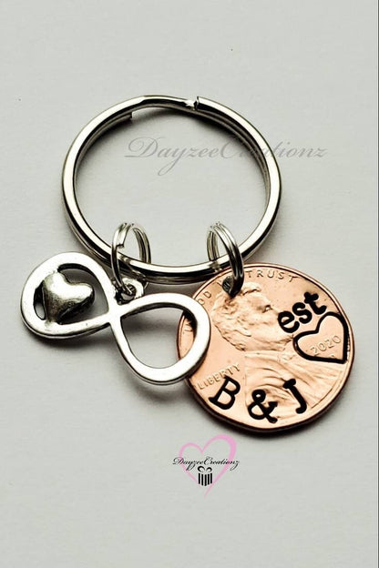 SIMPLE CREATIVE ANNIVERSARY COUPLES GIFT, FOR HER/ HIM, PERSONALIZED PENNY KEYCHAIN WITH INFINITY /HEART CHARM