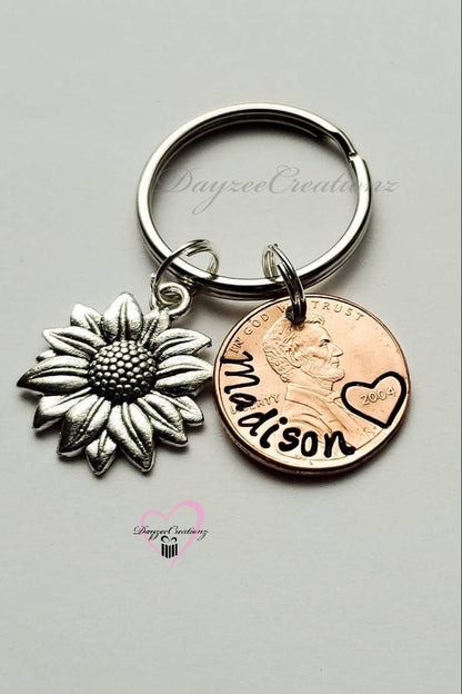 Custom Name Penny keychain w/ sunflower charm