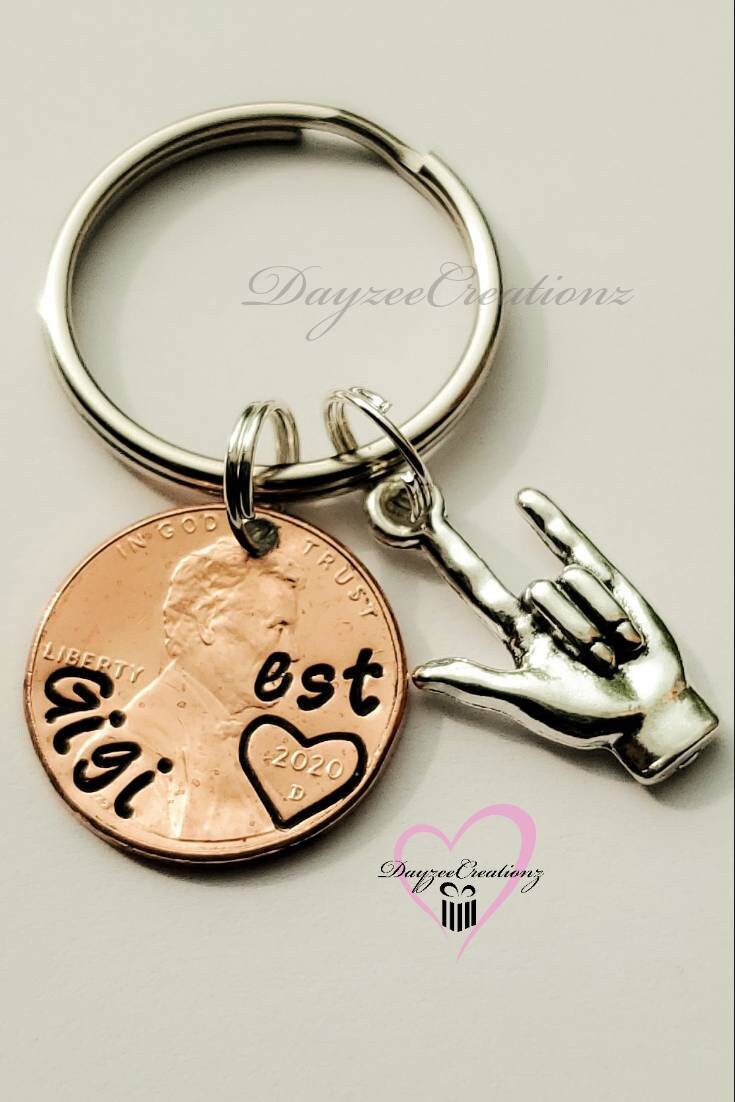 ASL, Personalized Custom Gift for Grandma | Customizable Penny Keychain with Sign Language I Love you Charm