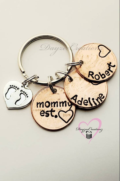 Unique Fun First Mother's Day Gift, Personalized Penny Keychain with Baby Footprint Charm