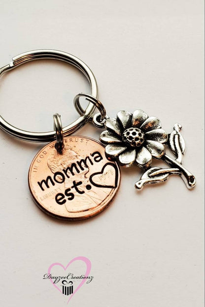 Unique Mother's Day Gift, Custom Penny Keychain with Flower Charm