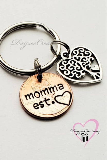 Creative Fun Gift for Mom, Personalized Penny Keychain with Tree of life charm