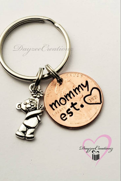 Meaningful Mother's Day Gift, Personalized Penny Keychain with Bear Charm