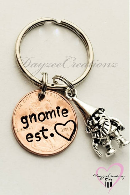 Stamped Personalized Gnomie Penny Keychain with Gnome Charm