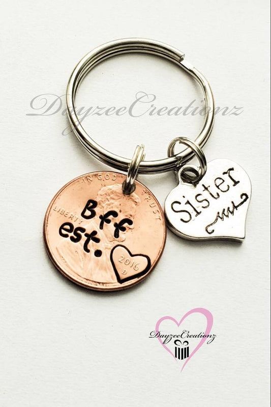 Custom Best Friend Gift- Personalized Penny Keychain with Your Text- Comes with Sister Charm