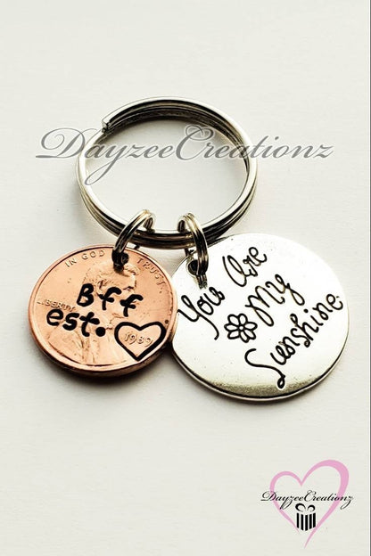 BFF/ Best Friend penny keychain with " sunshine" charm