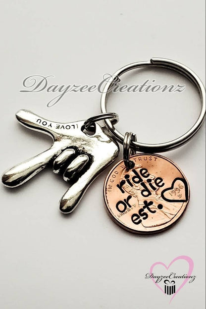 Ride or Die Penny Keychain with ASL charm - DAYZEECREATIONZ, PERSONALIZED GIFTS-5