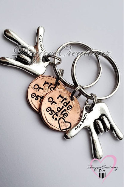 Ride or Die Penny Keychain with ASL charm - DAYZEECREATIONZ, PERSONALIZED GIFTS-6