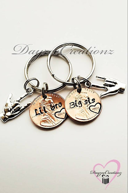 Custom Personalized Little Brother Big Sister Penny Keychain, for Him, for Her, Bro, Birthday, Christmas, for Brother, for Sis, Valentine's