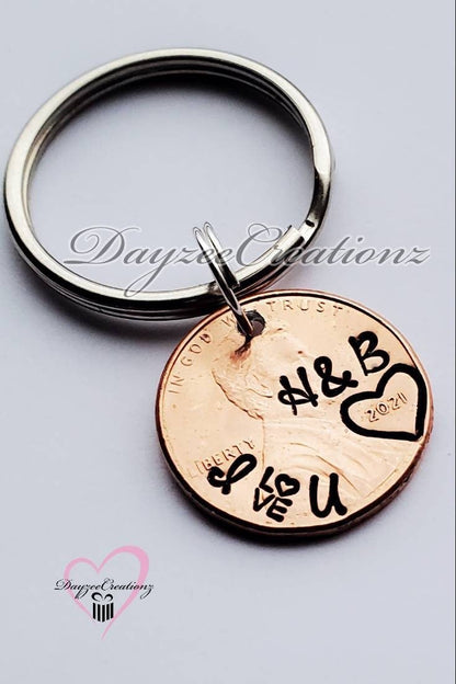 Anniversary Penny Keychain with I love you on curve 1