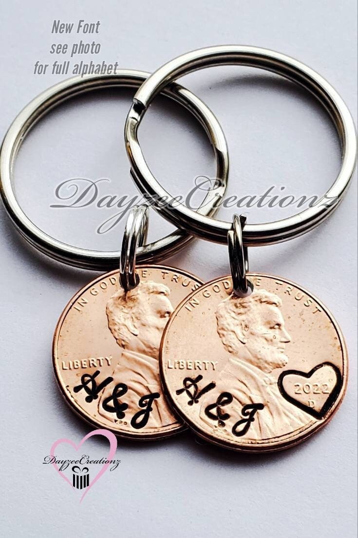 Unique and Creative Personalized Anniversary or Valentine's Day Gift for Couples, Hand stamped Penny Keychain with your Customization.