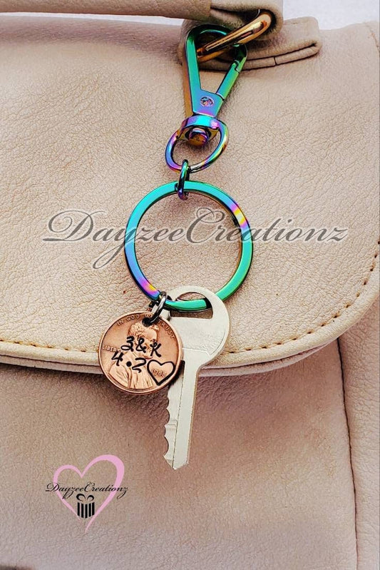 Personalized Penny Keychain for Anniversary, Custom with Initials, Date, Heart, & lobster swivel