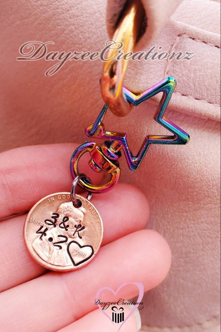 Personalized Penny Zipper pull, Valentine's Gift, Anniversary, Mother's Day, for Her,  Wife, Girlfriend,  Fiance, Swivel, Rainbow, Purse