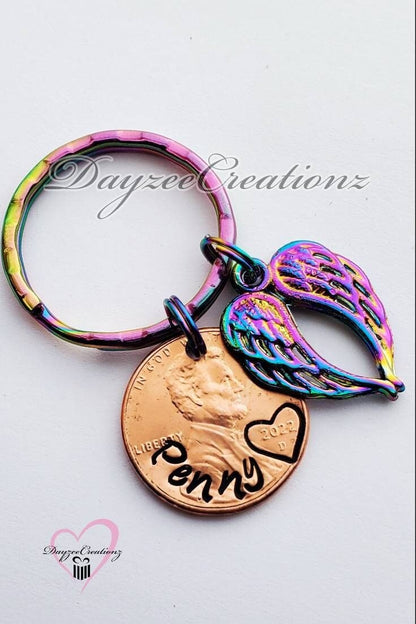 MEMORIAL SYMPATHY KEEPSAKE GIFT, CUSTOM PENNY FROM HEAVEN KEYCHAIN WITH RAINBOW ANGEL WING CHARM