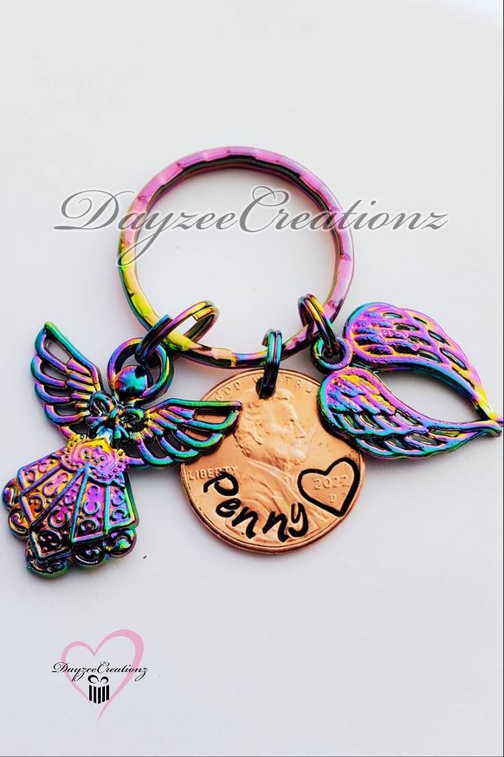 Sympathy Gift Penny from Heaven Keychain with Rainbow Angel & Wing Charm - DAYZEECREATIONZ, PERSONALIZED GIFTS1