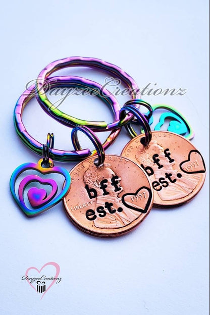 BFF /Best friend penny keychain with rainbow heart charms